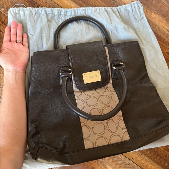 New Oroton Jacquard & Leather Tote Handbag Brown Beige - Picture 3 of 3